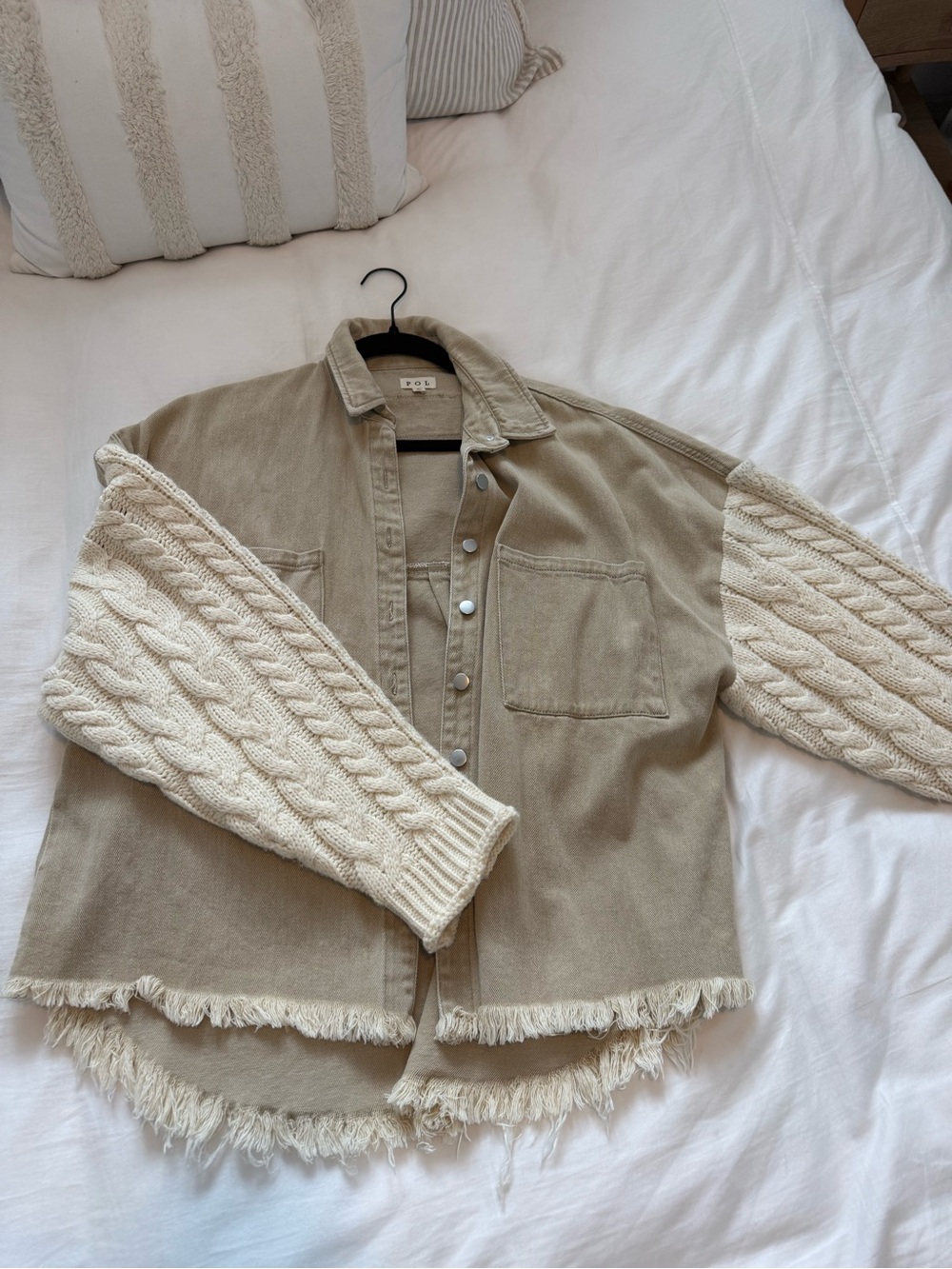 Beige and Cream Mixed-Material Cable Sleeve Sweater Jacket